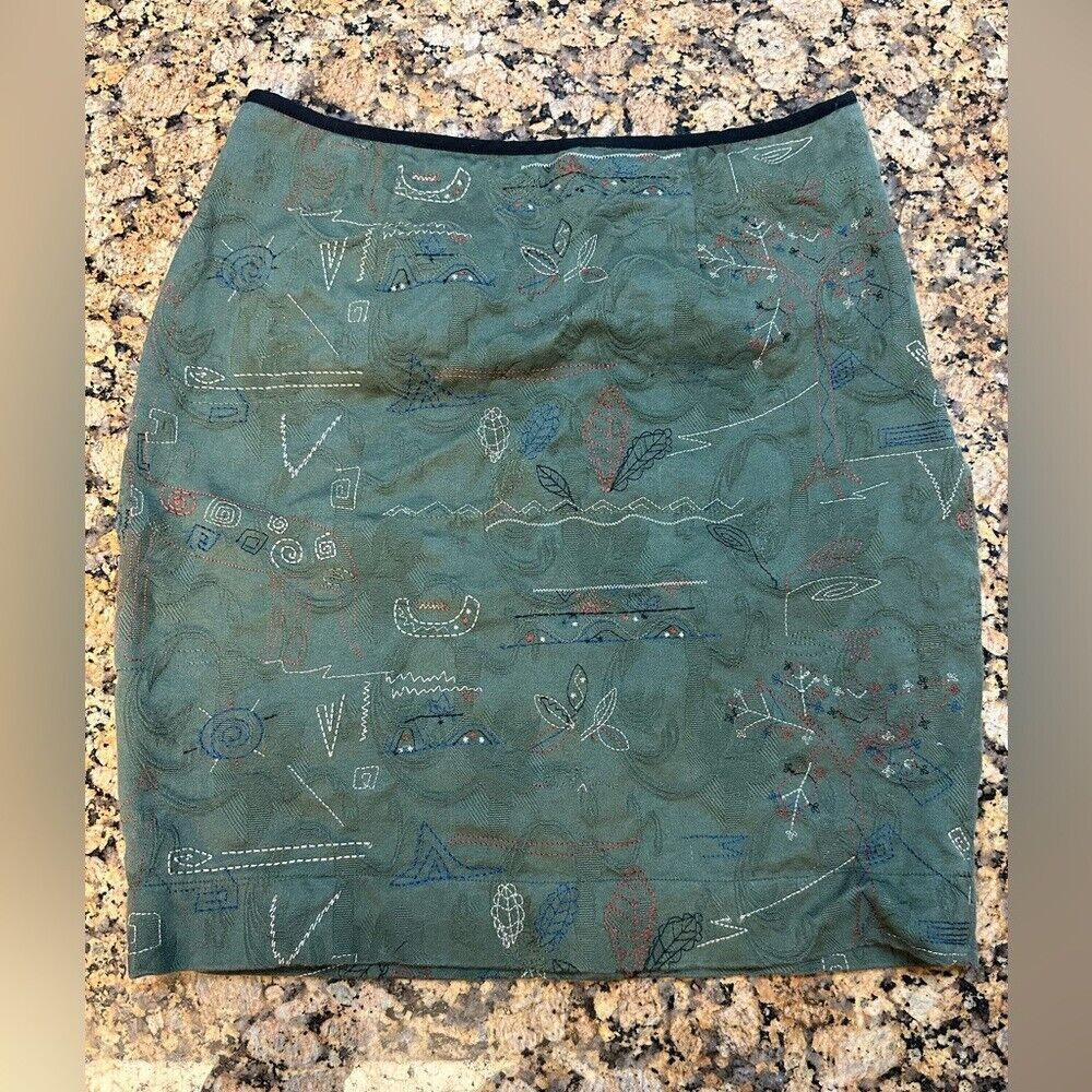 Meadow Rue Olive Green Pencil Skirt Size 8 Geo Embroidery Lined Knee Straight‎